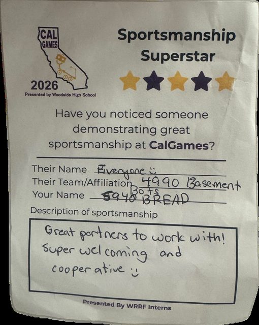Sportsmanship Superstar card written for 4990 by 5940 BREAD